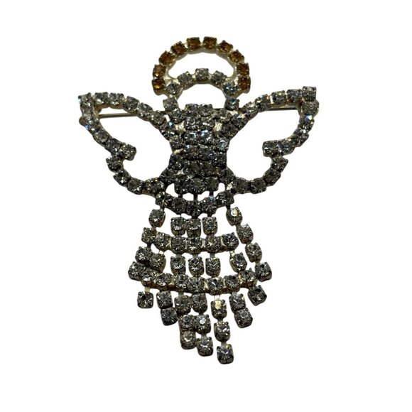 VTG Angel Brooch Pin Cherub w/ Halo Dangling Crystal Clear Rhinestones No Lead - Picture 4 of 14